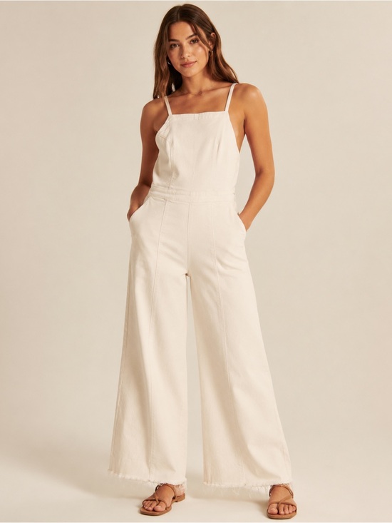 Hollister Pants - Hollister Women's Denim Cream Wide-Leg Jumpsuit - Medium